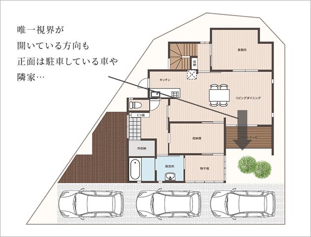唯一視界が開いている方向も正面は駐車している車や隣家・・・